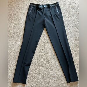 VINCE Strapping Leather Trim Trousers Wool Straight Leg Pants Black, Sz 6